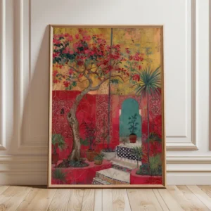 moroccan courtyard art print, mediterranean garden wall art, vibrant bohemian poster